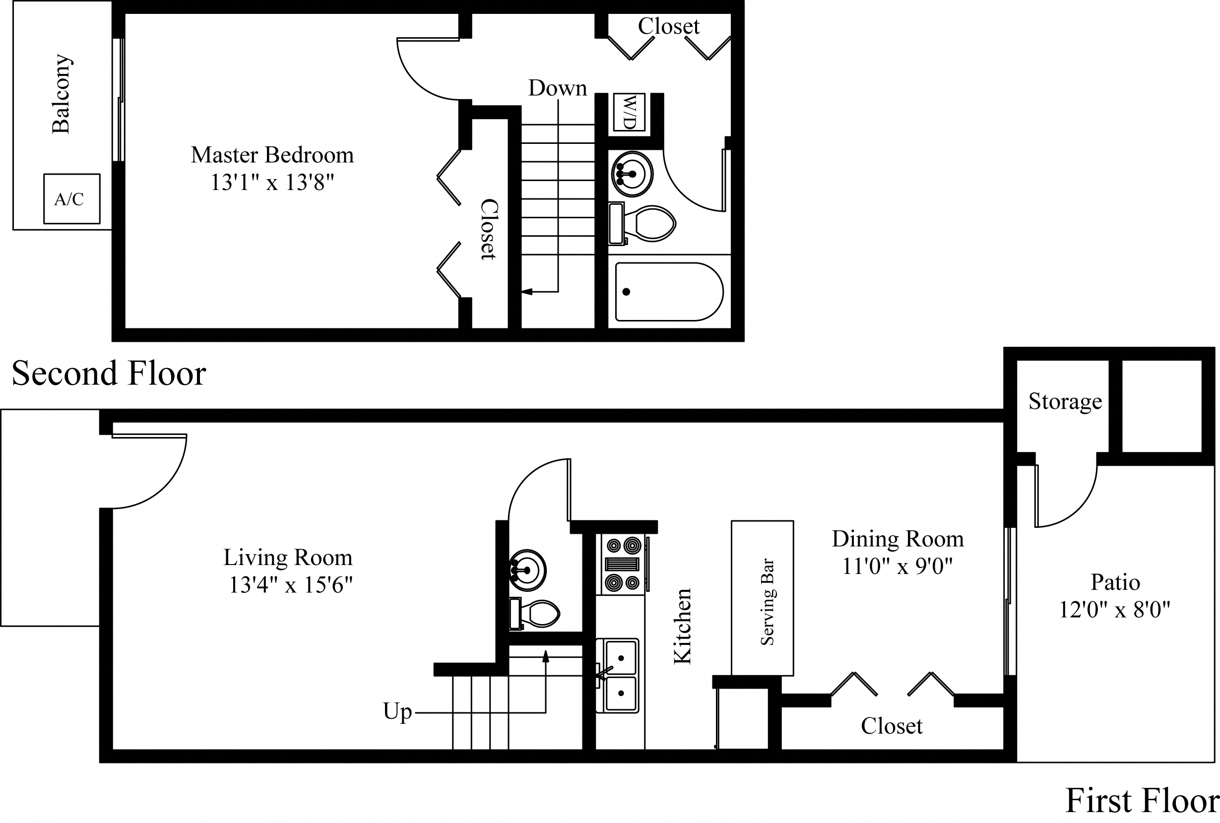 Floor plan for 1 bed, 1.5 baths, 810 sqft